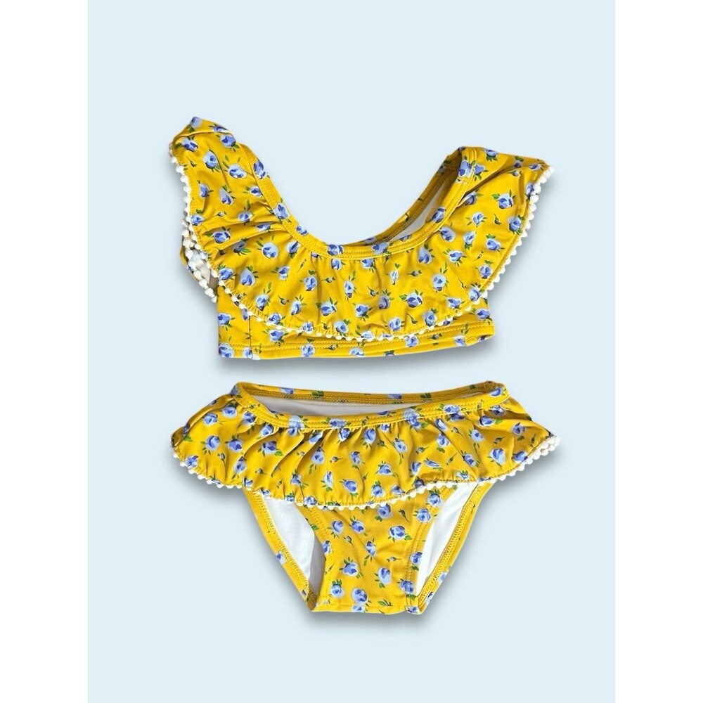 Janie & Jack Infant Girl 2pc Swim Wear 3-6m Yellow w/ Blue Floral Pattern